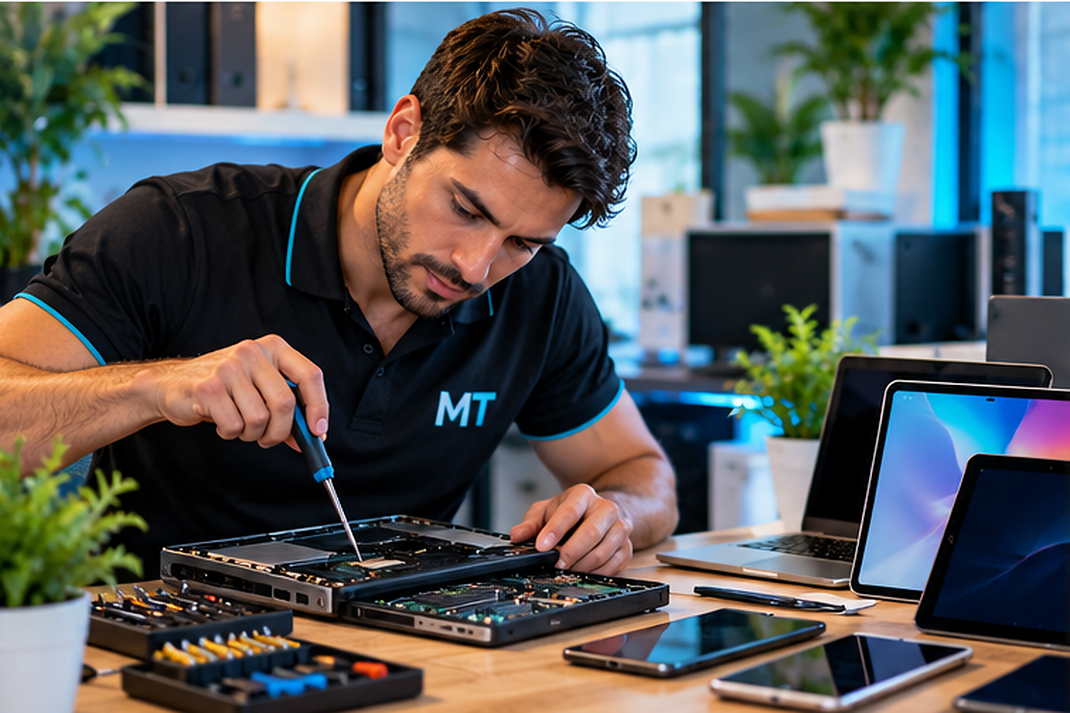 MrsTechy technician inspecting an open laptop to assess whether to repair or replace your laptop.