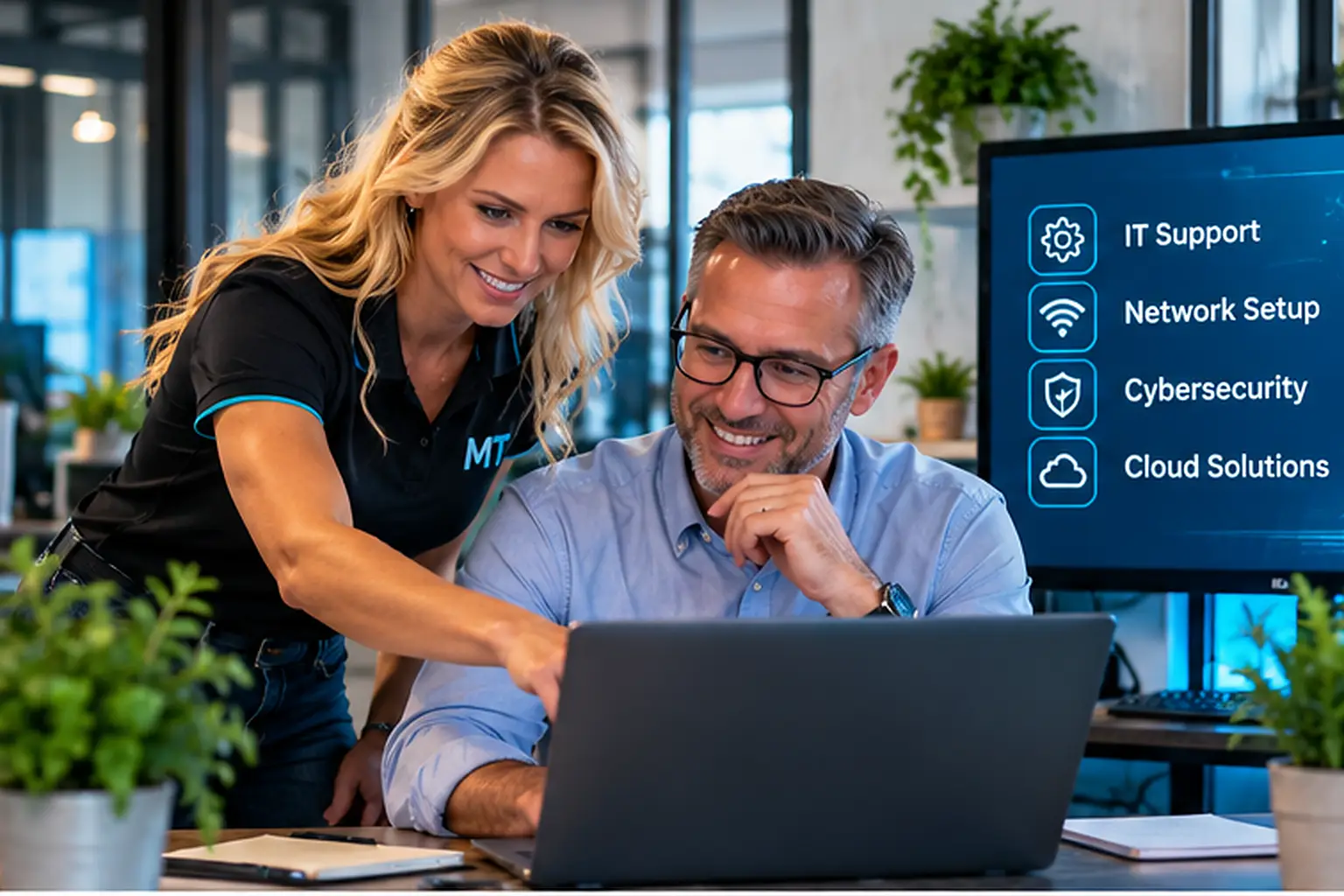 MrsTechy technician providing small business IT support to a business owner using a laptop.