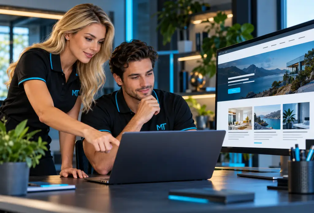 MrsTechy team collaborating at a laptop on small business website design.
